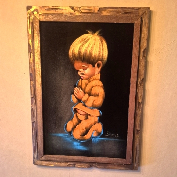 Vtg Black Velvet Boy & Girl-Childern Praying Paintings Pair Mexico Signed 24"x20 - Picture 10 of 12